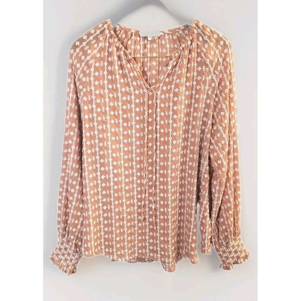 Walter Baker Poet  Blouse Women Large Pink Brown Tie Neckline Cuff Sleeve